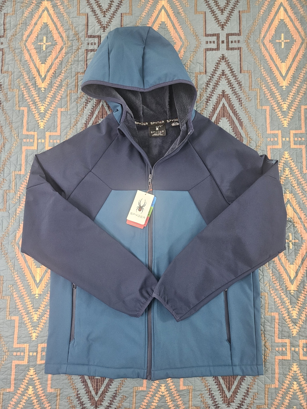 Spyder Men's Two-Tone Navy and Teal Hooded Performance Jacket